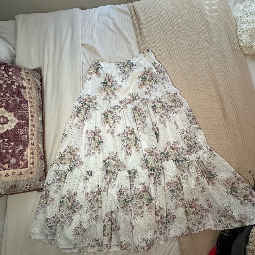 White Floral Eyelet Tiered Maxi Skirt